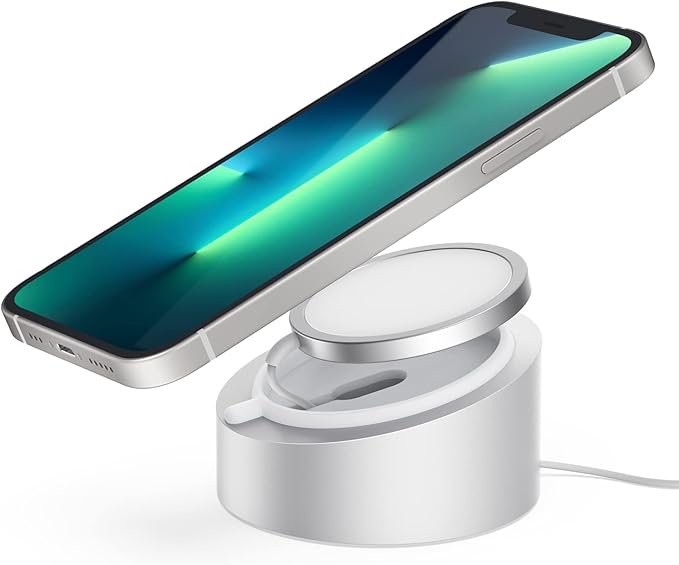 Stouchi Mag- Safe Charger Stand for 25W/15W MagSafe Charger Heavy-Duty Premium Metal Holder Base Desktop Tablet Mount for iPhone 17/16 Pro /16/15 Pro/15/14/13/12 -Silver