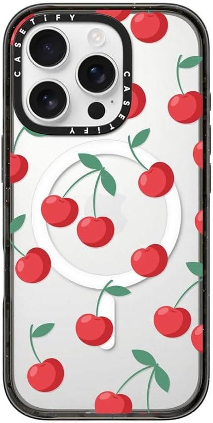 CASETiFY Impact Case for iPhone 16 Pro [Slim / 8.2 ft. 4X Military Grade Drop Protection/Compatible with Magsafe] - Cherries - Clear Black