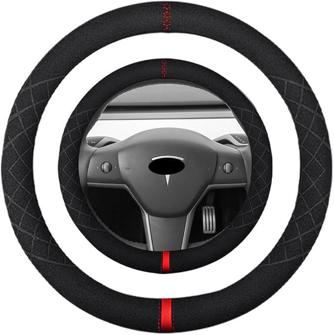 14 inch Suede Steering Wheel Cover,Compatible with Tesla Model 3 Model Y Suede Leather Sport Non-Slip Wheel Cover Car Interior Accessories 14-14 1/4 inch for Man and Women