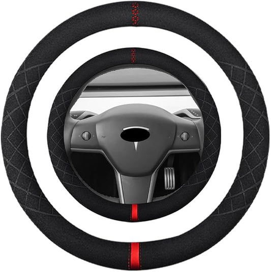 14 inch Suede Steering Wheel Cover,Compatible with Tesla Model 3 Model Y Suede Leather Sport Non-Slip Wheel Cover Car Interior Accessories 14-14 1/4 inch for Man and Women
