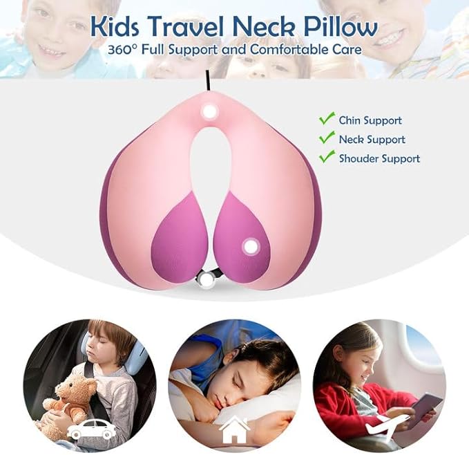 MOOB Kids Travel Neck Pillow Traveling Gifts for Toddler & ChildrenToddler Neck Pillow for Carseat & Airplane, Kids Travel Pillow Light Pink