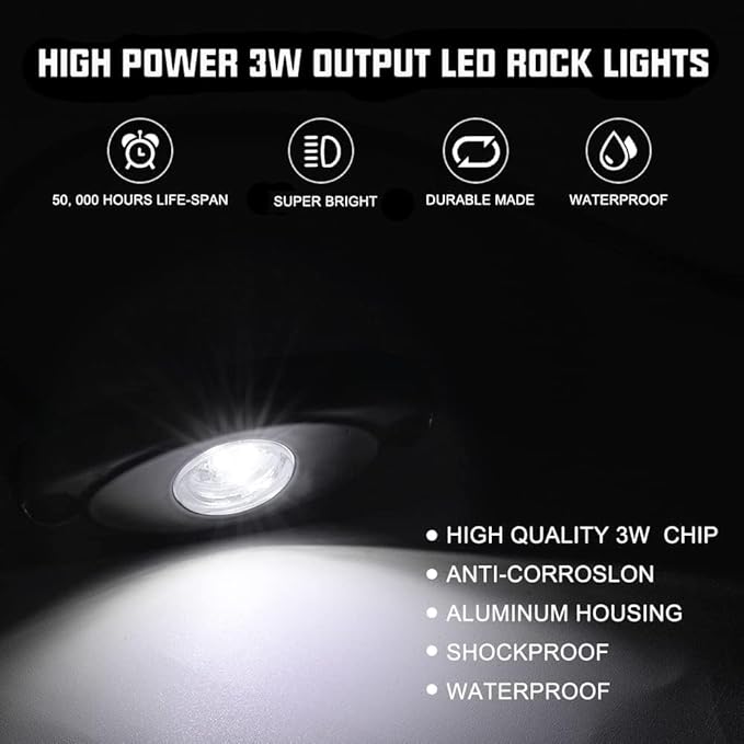 SUNPIE 20 Pods White Rock Lights – Quick Connect, 3 High Power Chips, 5M Extension Wires, Mounting Pads Included, 6000K Pure White, IP67 Waterproof, Fits Trucks, SUV, ATV, UTV, Trailer