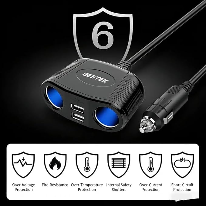 BESTEK 150W 2-Socket Car Cigarette Lighter Splitter Power Adapter DC Outlet Car Charger Dual 2.4A USB with 26 Inches Cord for Cellphone GPS Dash Cam