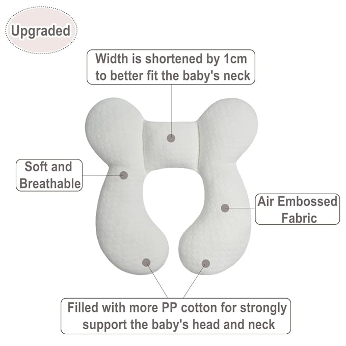 Upgraded Baby Head Support Pillow for Newborn Toddler, Soft Cotton Baby Travel Pillow for Car Seats and Strollers for Baby, White