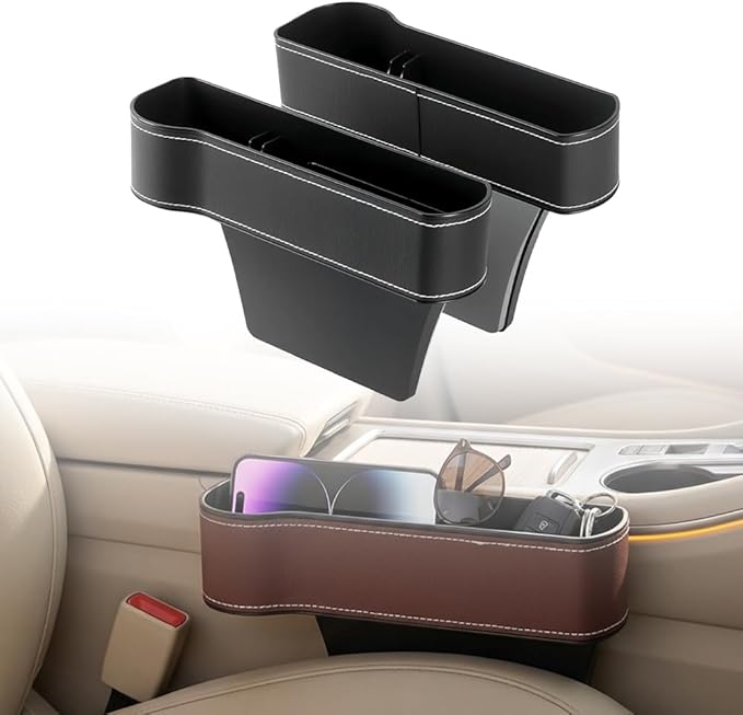 Car Seat Gap Filler Organizer, 2026 New Premium Leather Console Organizer for Holding Phone, Sunglasses, Auto Console Side Storage Box with Cup Holders 2 Seat Hooks for Drink (Black, 1Set)