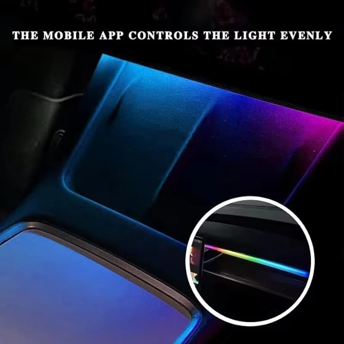 Interior Neon Lights for Tesla Model Y/3, Dreamcolor Acrylic Interior Car LED Strip Light for Tesla, Dynamic Chasing Music Sync Neon Ambient Lighting Kits for Tesla Model Y/3 (1 Strip Set A)