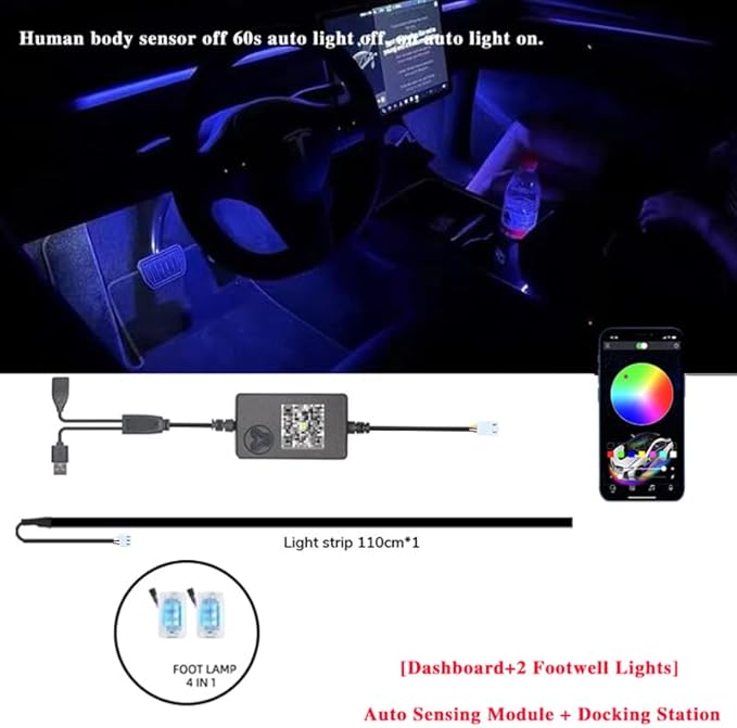 Interior Neon Lights for Tesla Model Y/3, Dreamcolor Acrylic Interior Car LED Strip Light for Tesla, Dynamic Chasing Music Sync Neon Ambient Lighting Kits for Tesla Model Y/3 (1 Strip Set B)
