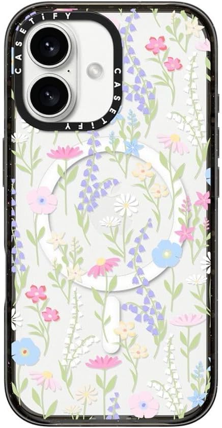 CASETiFY Impact Case for iPhone 16 [Slim / 8.2 ft. 4X Military Grade Drop Protection/Compatible with Magsafe] - Pink Pastel Cute Floral - Clear Black