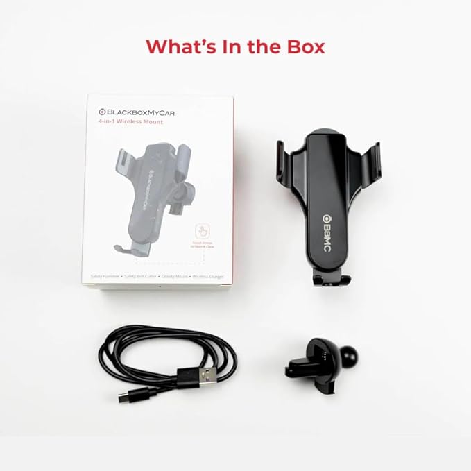 BlackboxMyCar 4-in-1 Safety Wireless Mount, Wireless Car Charger, Fast Car Phone Holder Charger, Easy Install with Air Vent Clamp, Built-in Safety Hammer and Seatbelt Cutter, iPhone Compatible
