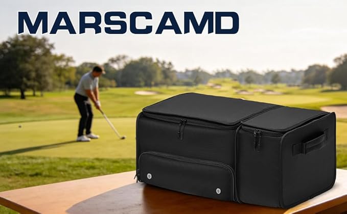 Marscamd Golf Organizer for Car Trunk with Cooler, Anti-Sag Design, Ventilated Shoe Compartment, 2-Layer Storage Bag for Golf Accessories, Fits SUVs & Sedans - Black