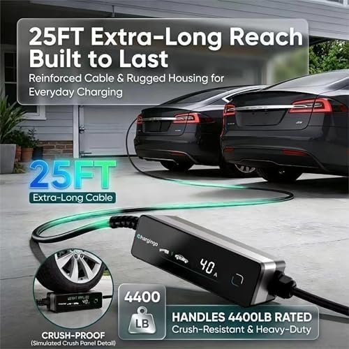 Level 2 EV Charger for Tesla (NACS Connector), 40A 240V NEMA 14-50 Plug, 25FT Cable Portable EV Charger for Home/Outdoor, Adjustable 16-40A with LCD Display, ETL Certified Fast Charging