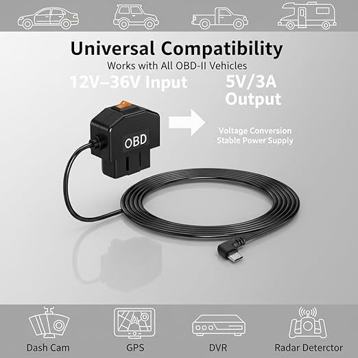 OBD2 Power Cable for Dash Camera, Type-C OBD Adapter with 24-Hour Parking Mode, Acc Mode, Low Voltage Protection, 11.48FT Cable for Dash Cams, GPS, DVR, and More, 12V-36V to 5V/3A