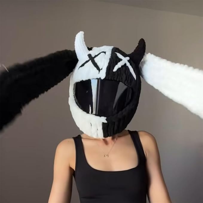 Cute Cat/Rabbit Ear Motorcycle Helmet Covers, Plush Funny Full Face Helmet Decoration Cover, Men Women Helmet Protective Cap, Novelty Animal Cartoon Plush Hat for Fun Ride Gift