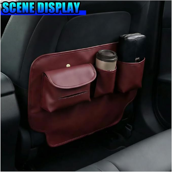Leather Car Seat Back Organizer, Waterproof Car Seat Kick Mat with Cup Holder, Multifunctional Backseat Storage Bag, Universal Auto Travel Seats Protector Accessories for SUV Truck (Red)