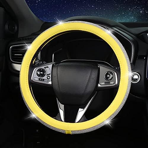 Bling Diamond Steering Wheel Cover, Leather Steering Wheel Covers for Women Girls with Crystal Rhinestones, Breathable, Anti-Slip Universal Fit 14.5-15 Inch Bling Car Accessories(Yellow)