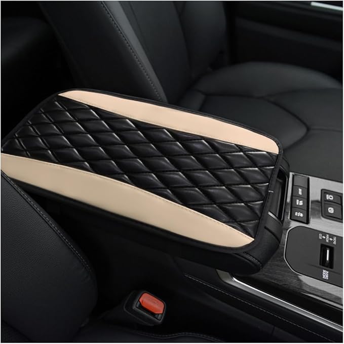 Car Center Console Cushion Pad, 12.6 × 7.48 Inches Waterproof Car Armrest Seat Box Cover, PU Leather Armrest Cover Protector for Most Vehicle, Universal Car Interior Accessories (Black+Beige)