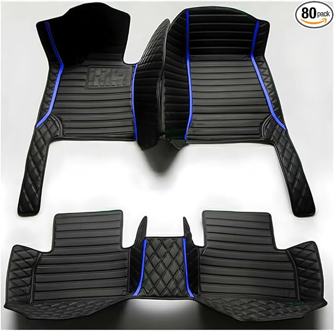 TREGOO All Weather Car Mats Custom Fit Non Slip Floor Mats for 1998-2025 Cars Personalized Leather Protection Pads Suitable for Men Women (Black Double Panel with Blue Stripe)