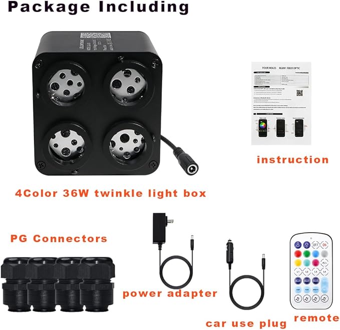AMKI 4 Color 36W Twinkle Sound Mode RGBW 4 Ports Light Source Engine Driver Remote/APP Control Starlight Box Motor for Fiber Optic Star Ceiling Light Kit