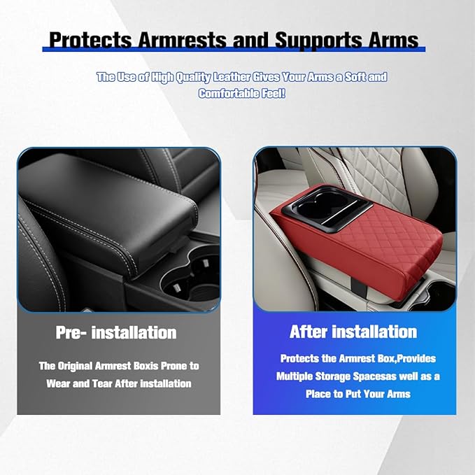 Car Center Console Armrest Pillow, Vehicle Armrest Seat Box Cushion Pad with Cup Holder & Phone Holder, Comfortable Auto Middle Console Cover, Universal for SUV RV Truck (Diamond, Wine Red)