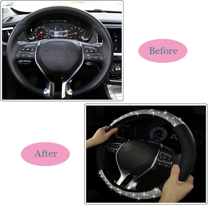 Diamond Steering Wheel Cover, Crystal Rhinestone Steering Cover, 15 Inch Steering Wheel Protector for Women or Men, Easy Installation and Cleaning (Silver Diamond)