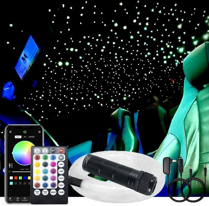 AKEPO 6W Fiber Optic Starlight Headliner Lights, 430pcs(0.75+1+1.5mm) 9.8ft/3m Mixed Optical Fiber +Sound Activated+28key RF Remote/APP Control Car Home Star Ceiling Light Kit
