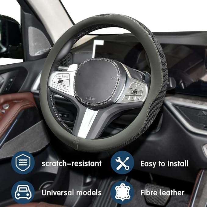 Car Steering Wheel Cover, Steering Wheel Accessories, Universal 15 Inch Microfiber Breathable LCE Silk, Car Accessories Breathable Anti-Slip Protector Universal for SUV Sedan Truck (Gray)