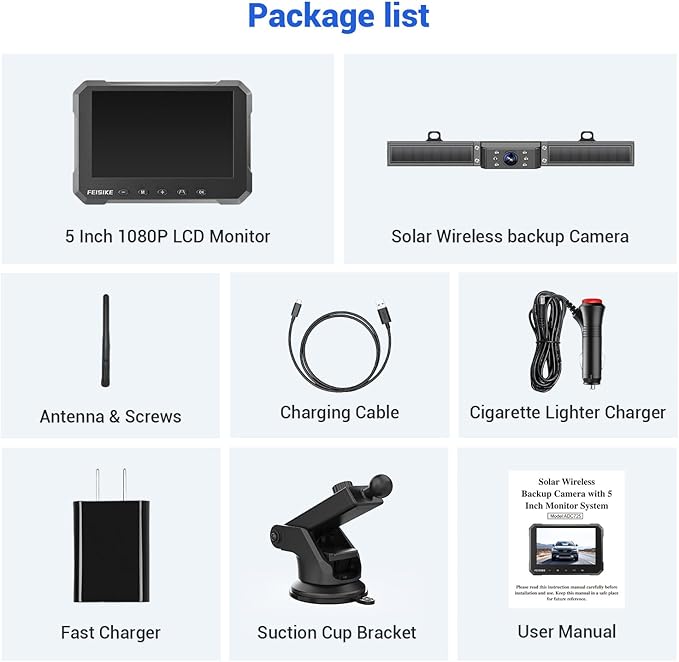 FEISIKE Solar Wireless Backup Camera with 5" 1080P Monitor, 10000mAh Rechargeable Battery, 2-Minute DIY Installation, IP69K Waterproof for Car, Truck, SUV, Van, Trailer