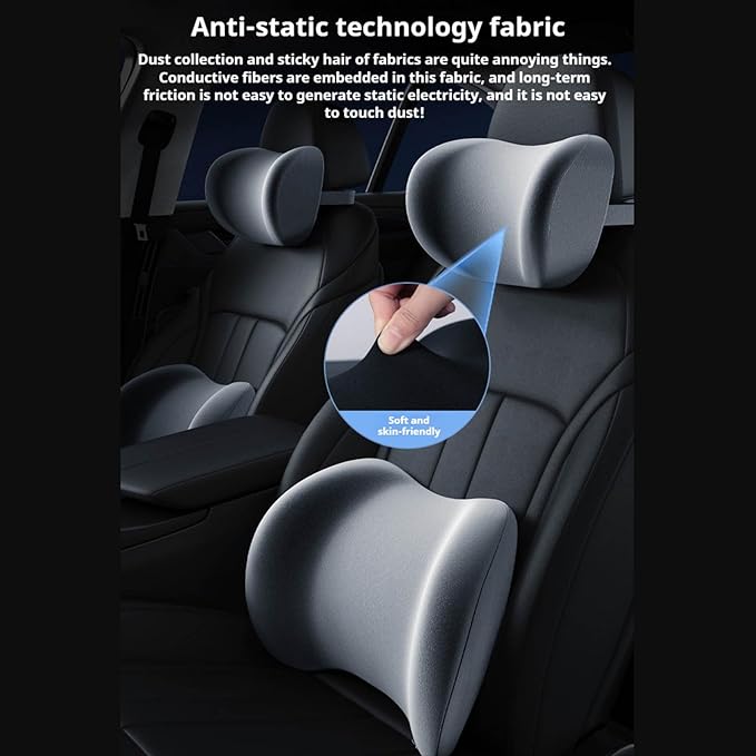 Car Headrest & Lumbar Support Cushion, Ergonomic Car Seat Headrest & Lumbar Cushion with Adjustable Strap for Neck Back Pain Relief, Memory Foam & Breathable Car Head Lumbar Rest Set (Black)