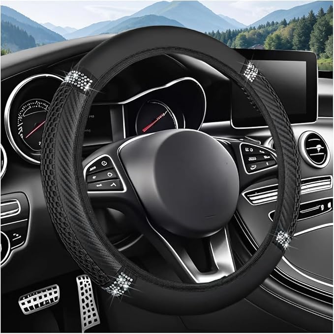Bling Car Steering Wheel Cover, 15 Inch Elastic Stretch Crystal Rhinestone Vehicle Steering Wheel Protector, Anti-Slip Auto Interior Protective Cover, Universal for SUV RV Truck (Black)