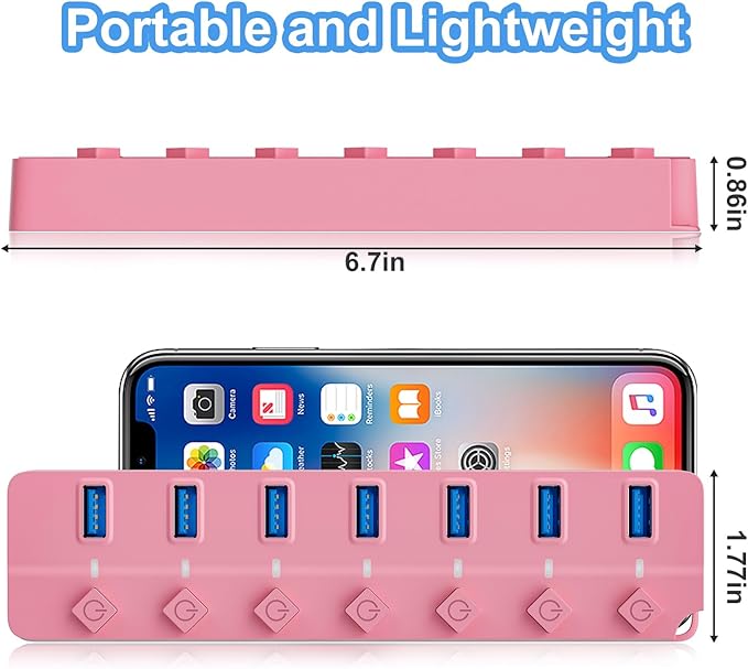 ONFINIO USB Hub 3.0, 7-Port USB Hub Splitter with Individual On/Off Switches and Lights, 3.2ft/1m Long Cable Compatible with MacBook, Laptop, Surface Pro, PS4, PC, Flash Drive, Mobile HDD-Pink