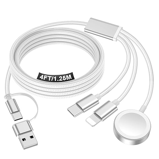 Travel Essentials for Apple Watch Charger,iPhone Charger,3 in 2 Type C/Lightning/Magnetic Travel Charging Cable,Portable Multi Charging Cable for Apple Watch, iPhone 17‑11, Samsung S26,Car,Camera–4ft