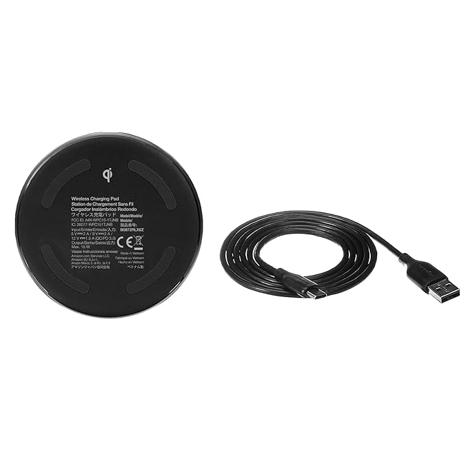 Amazon Basics 15W Qi Certified Fast Wireless Charging Pad with USB Cable for iPhone 15/14/13/12/11/X, Samsung and LG, Case Compatible, Black
