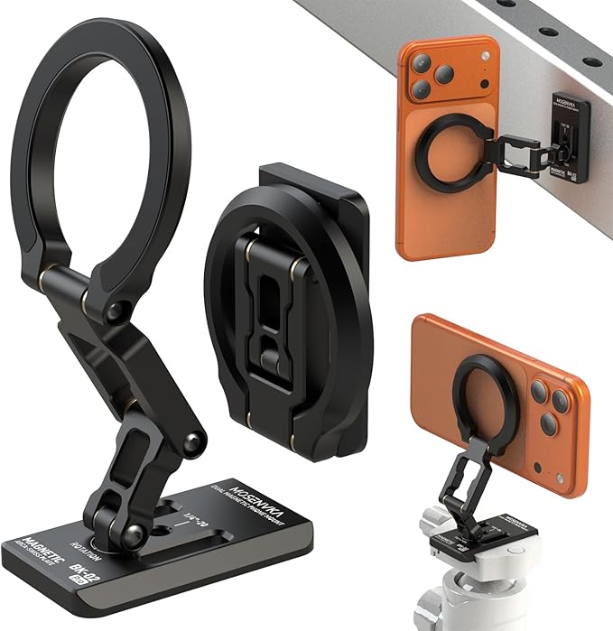 MOSENVKA Dual Magnetic Phone Holder Gym Magnetic Stand,Tripod Phone Mount (1/4'' Hole& ARCA-Swiss),Portable Phone Grip for iPhone 12/13/14/15/16/17-Desk/Car/Gym/Golf Cart/Airplane Use Stand (Black)
