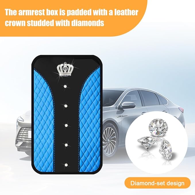 Bling Car Center Console Cover, Crown Crystal Rhinestones Vehicle Armrest Mat Protector, Anti Slip Sparkling Automotive Arm Rest Seat Box Cushion Pad Decor Accessories, Universal Fit (Blue)