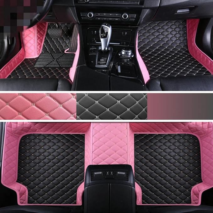 Custom Personalized Floor Mats for Cars - Luxury Full Coverage All Weather Mats, Anti-Slip Leather Mat Set, Fit for 99% of Cars, SUVs & Trucks (Pink&Black Beige, C-Double Color)