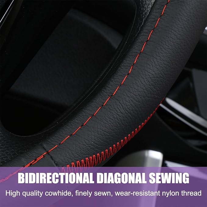 BELOMI Car Steering Wheel Cover, Anti Slip Leather Breathable Vehicle Protector, Comfortable Grip Automotive Interior Protective Guard Accessories, Universal for SUV, Sedan, Truck (Black/Red)