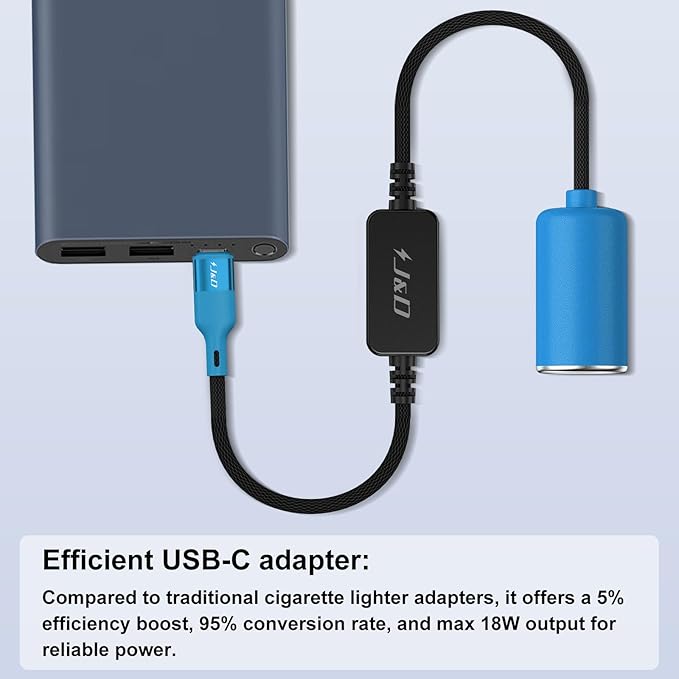 J&D USB C Male to 12V Car Cigarette Lighter Socket Female Converter Cable, 12V 18W Power Cable for Dash Cam, GPS, Car LED Light Strips, Blue, 5 ft