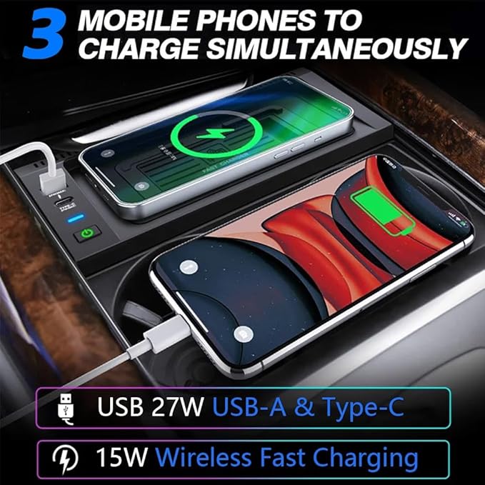 Wireless Car Charger for BMW X5 2014-2018 BMW X6 2015-2019, OEM Custom Fit with 27W USB-A & Type-C Wireless Fast Phone Charging Pad for BMW X5 (F15)/X6 (F16) 2014-2019 Interior Accessories
