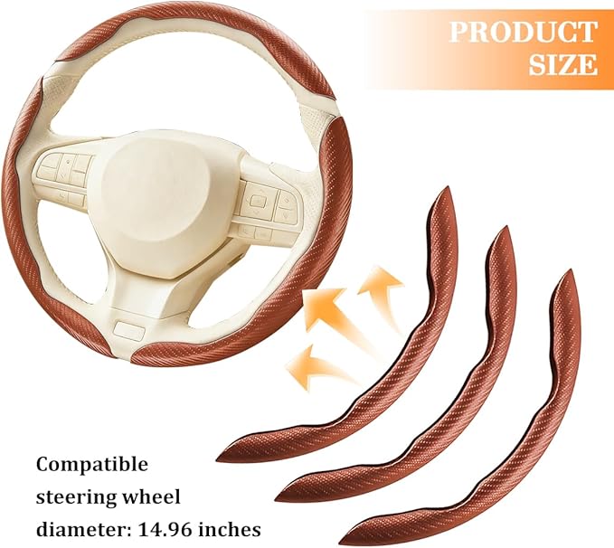 3PCS Carbon Fiber Car Steering Wheel Cover, Leather Segmented Anti-Skid Steering Wheel Protector, Snap on Automotive Interior Protection Accessories, Universal for Vehicles (Champagne)