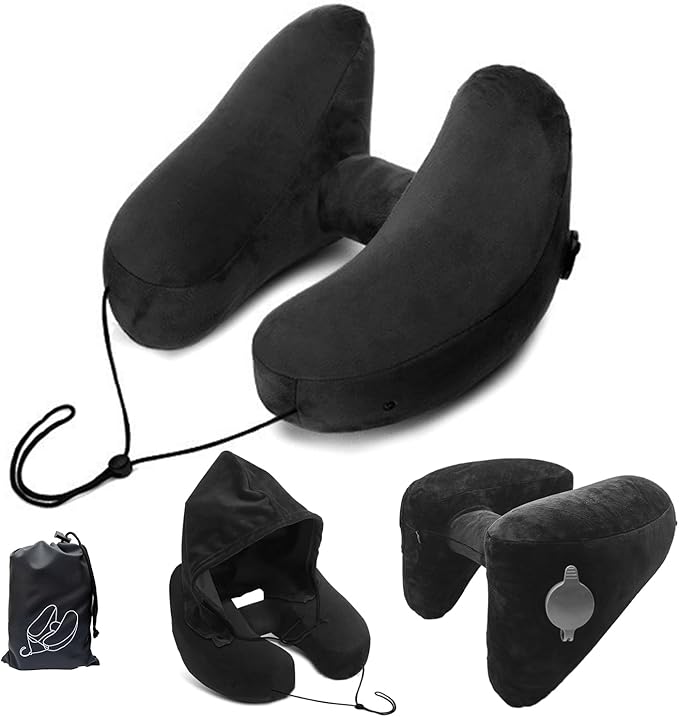 H-Shaped Travel Pillow with Snap-On Hood – Ergonomic Neck Support with Plush Velvet Cover, Instant Inflation & Compact Bag – for Airplane, Car, Office & Long Trips (Black)