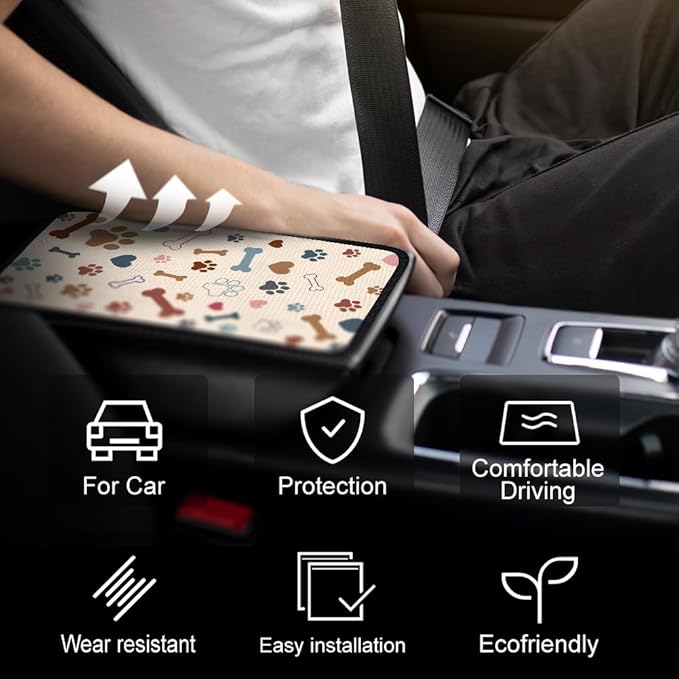 1pc Center Console Armrest Cover Pad 12.6x7.5 inch Dog Paw Prints Bones Neoprene Car Armrest Cushion Waterproof Armrests Seat Box Cover Protector for Universal Cars Vehicles SUVs
