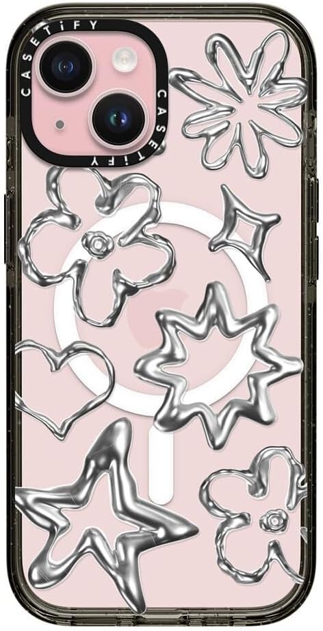 CASETiFY Impact iPhone 15 Case [4X Military Grade Drop Tested / 8.2ft Drop Protection/Compatible with Magsafe] - Chrome Doodles - Clear Black