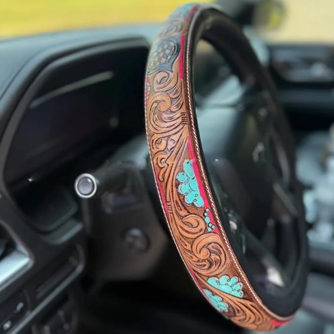 Western Steering Wheel Cover,Retro Western Cowboy Car Universal Steering Wheel Cover,Embossed Hand-Painted Leather Western Car Accessories, for Women Man, Anti-Slip Design Easy to Install (F)