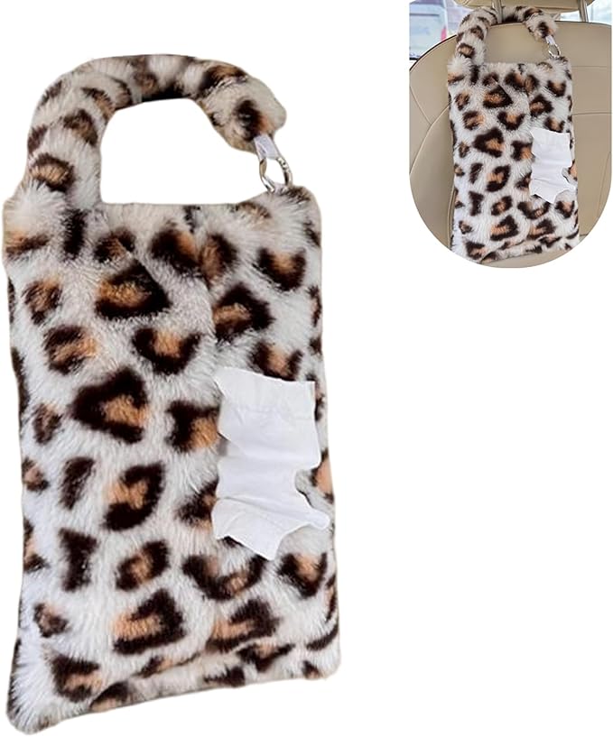 Leopard Print Car Tissue Bag, Cute Plush Hanging Tissue Holder, Multi-Functional Car Backseat Hanging Storage Bag, Universal for Small-Size Tissues (Gray)