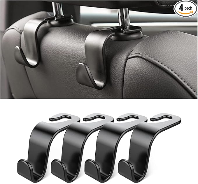 Car Back Seat Headrest Hooks, 4 Pack Black Stylish Back Seat Hanger for Car Handbag Clothes Coats Grocery Bags, Car Interior Accessories (Black2)