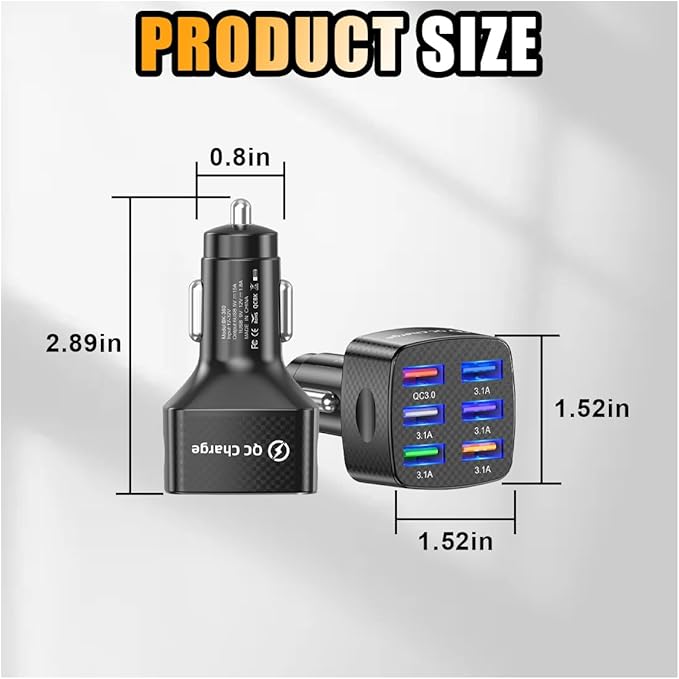 Car Charger Adapter, 6 USB Multi-Port Fast Charger QC3.0 USB Smart Shunt Cigarette Lighter Charger, Car Phone Charger for iPhone, Android, Samsung, Galaxy