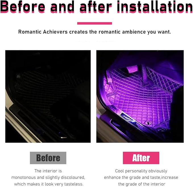 Car LED Strip Light, 24 LEDs RGB Neon Interior Atmosphere Lights, 12V Under Dash Ambient Night Light, Cigarette Lighter Auto Interior Decorative Lamp, Car Accessories (Pink Purple)