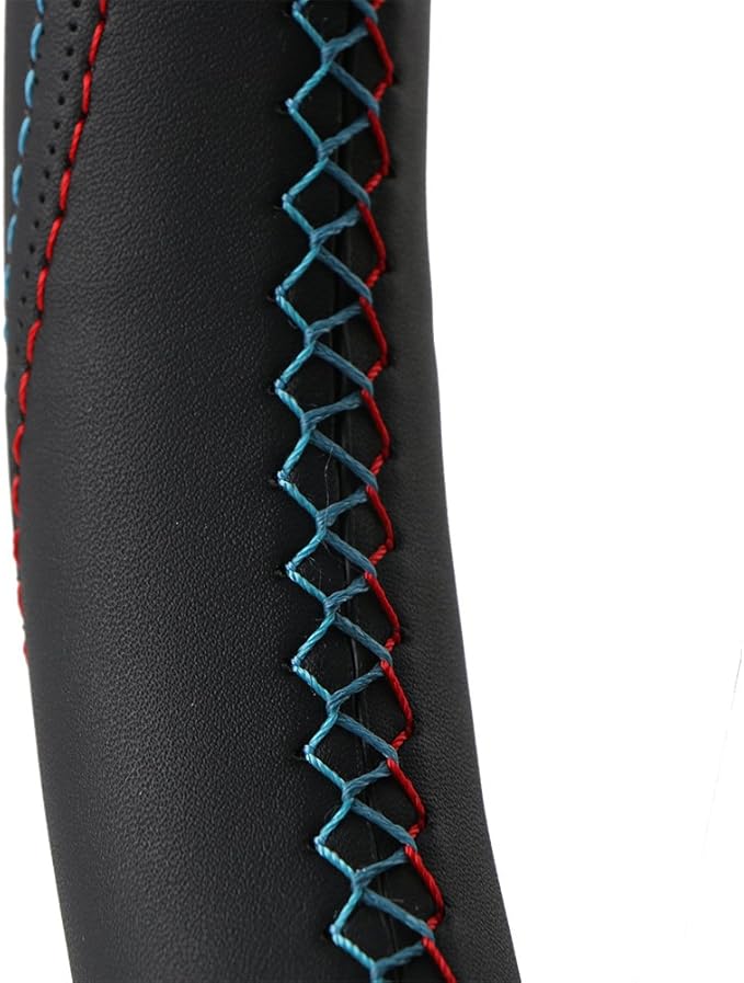 15 Inch Universal Car Steering Wheel Cover Leather (Artificial) Stitch On Wrap with Needle & Thread DIY Red and Blue Splice for BMW Etc