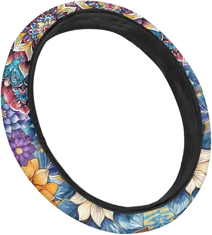 AFPANQZ Car Steering Wheel Covers for Womens Boho Flower Steering Wheel Cover Soft Anti-Slip Rubber Stretch-on Steering Wheel Protector Cover Sweat Auto Accessories Interior Decor