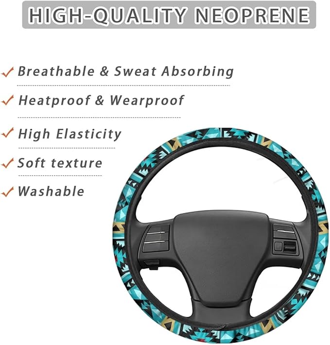SEANATIVE Universal Steering Wheel Cover, Easy to Disassemble, Non-Slip Soft Steering Wheel Cover, Blue Aztec Print Auto Decor Accessiores